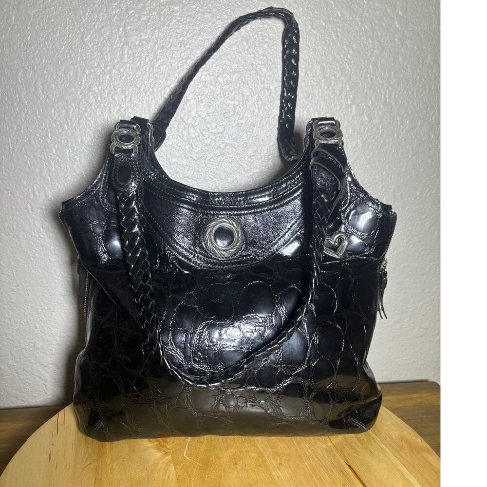 Brighton Black Croc Patent Leather Shoulder Bag
